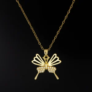 Premium gold plated butterfly pendant necklace on black background