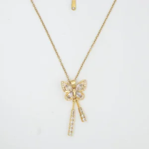 Butterfly gold pendant necklace with cubic zirconia stones and tassel design