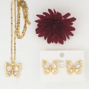 Gold Plated Crystal Butterfly Pendant Set with Earrings
