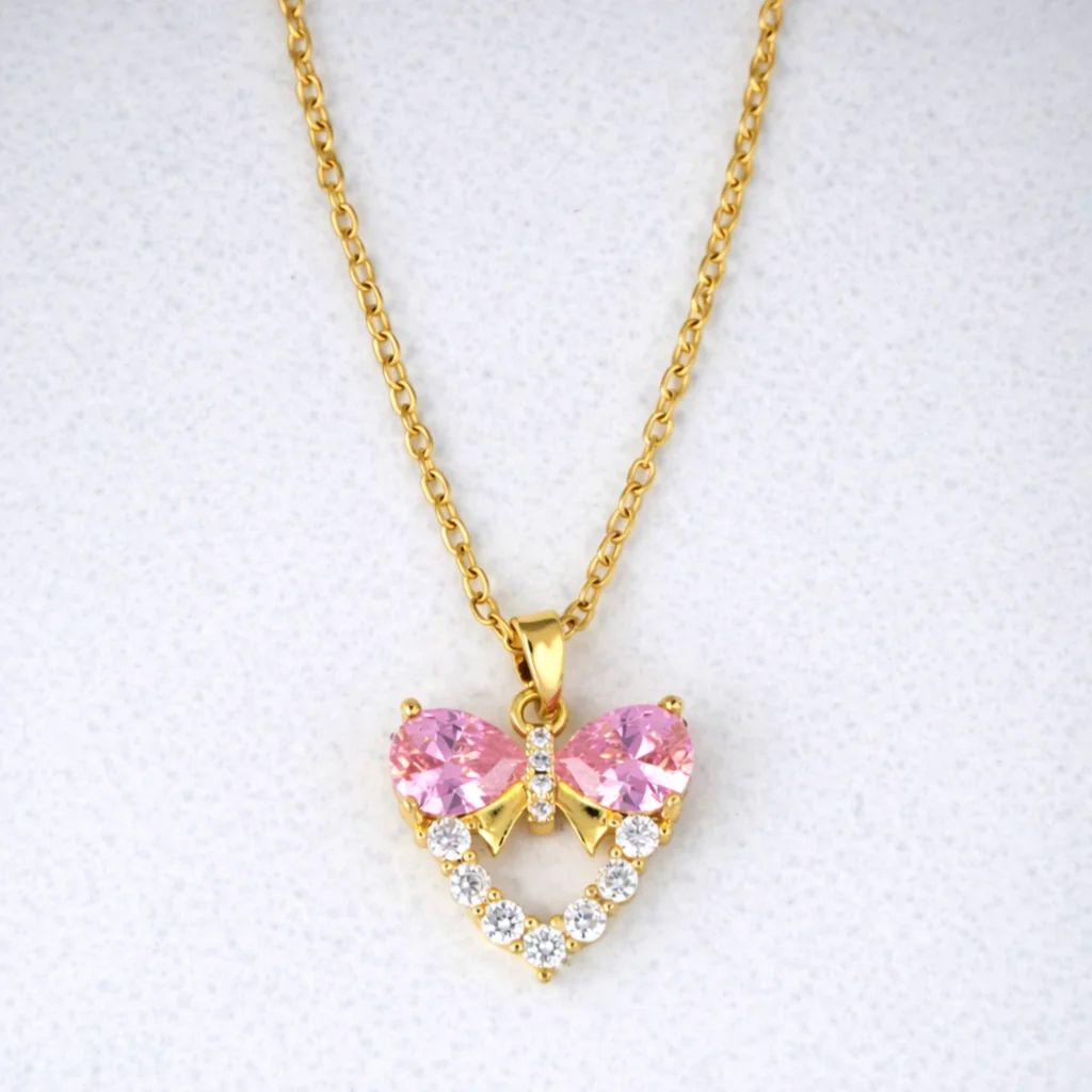Pink Heart Bow Gold Plated Necklace for Women