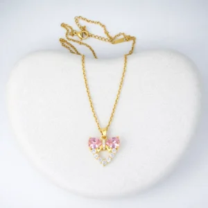 Pink Heart Bow Gold Plated Necklace for Women